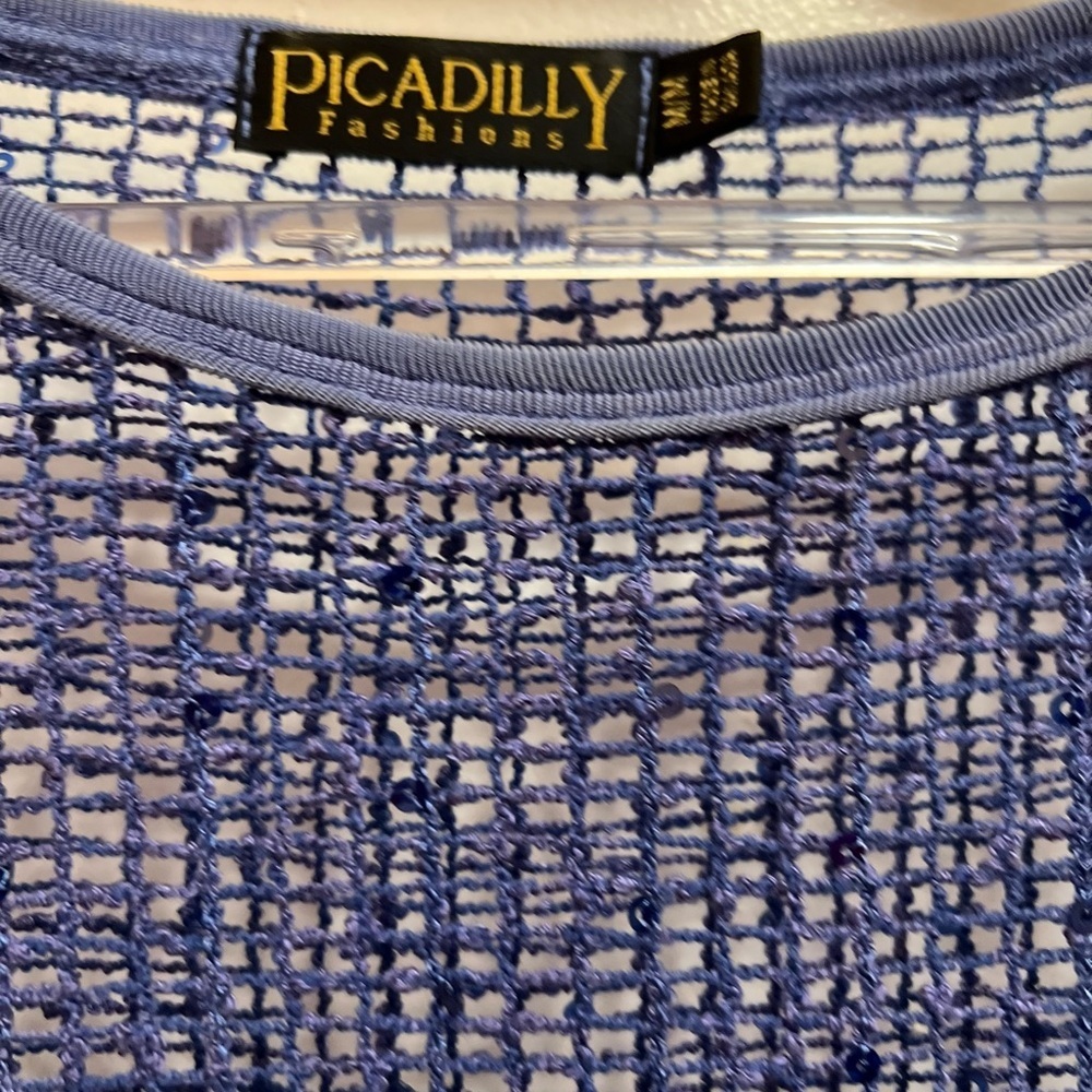 Piccadilly Blue Open Net Lace Top With Blue Sparkly Sequins 3/4 Sleeve Size M - Picture 2 of 6